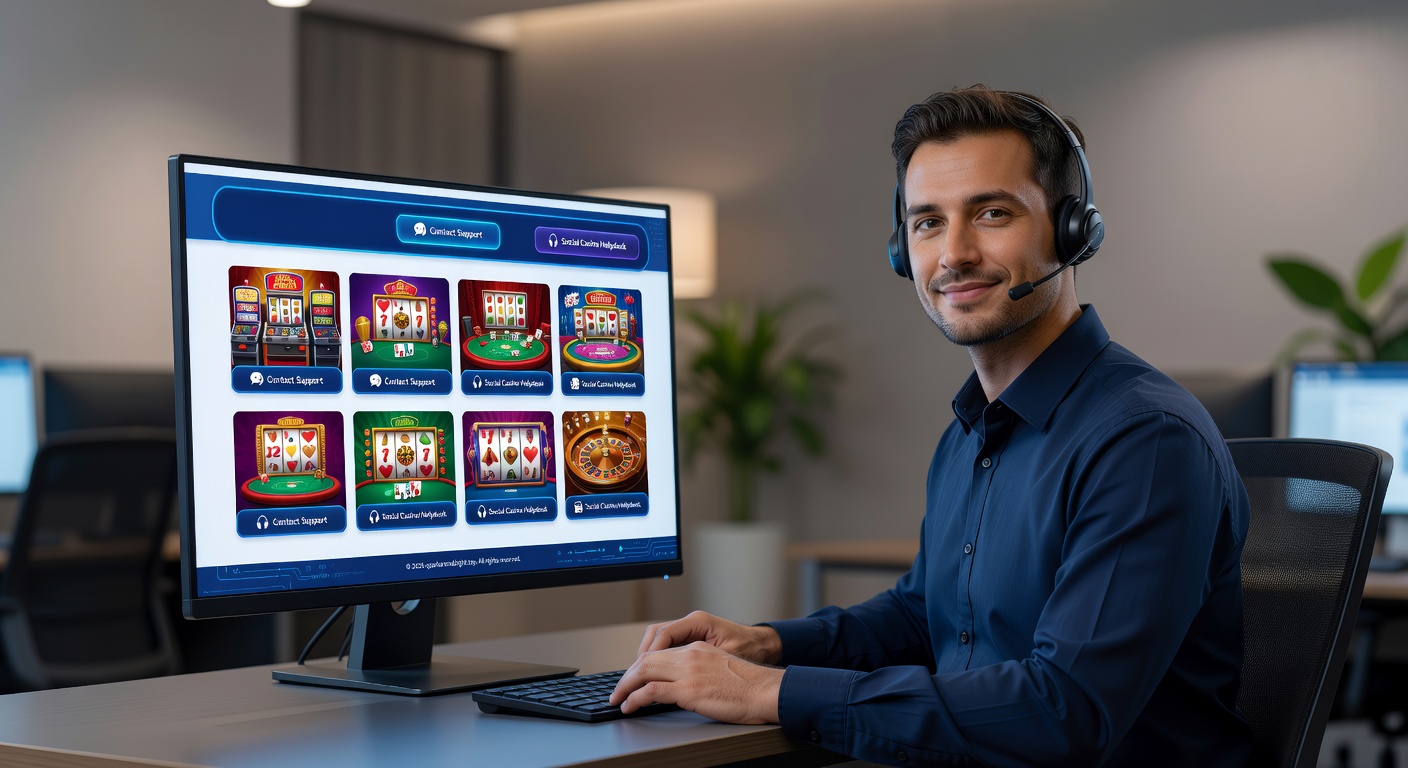 Customer support representative with social casino dashboard on screen